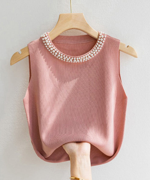 パール付きトップスノースリーブニット夏服 袖なしサマーニットレディース インナートップスきれいめ プルオーバーニットシンプルおしゃれ オフィスカジュアル トップス 2XIAOLL-001